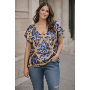 Tracy Reese New York Neiman Marcus Boho Women Blouse XL Royal Blue with Sequins